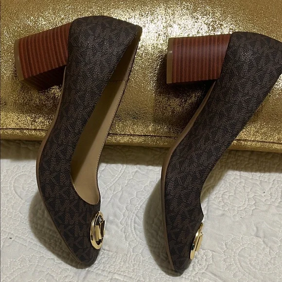 Michael Kors Dark Brown Square Heels with Gold Logo - Picture 3 of 7